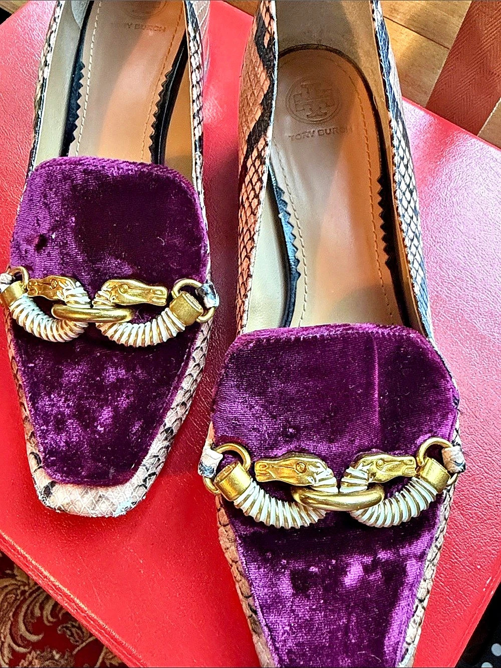 Tory Burch Jessa Loafer Velvet Heels in Purple & Black